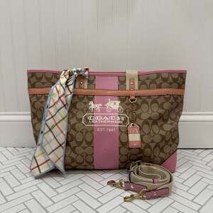 Coach Signature Canvas Tan and Pink Diaper Bag, Shoulder Bag, Travel Bag